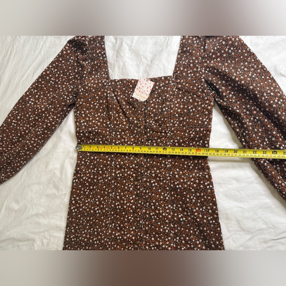 Free People Clementine Corduroy Mini Dress Brown Floral Puff Sleeve Size 10 NWT - Picture 11 of 13